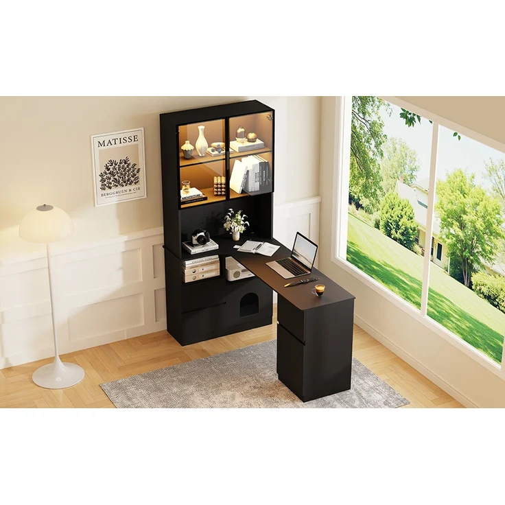 ZUBALIYA Eckschreibtisch mit Regal und LED-Vitrinenschrank 120×80×180 cm – Schreibtisch mit Kabeldurchlass, 3 Schubladen, 2 Türen, offenen Fächern,Ein Eckschreibtisch mit eingebautem Bücherregal,Schwarz – Bild 13