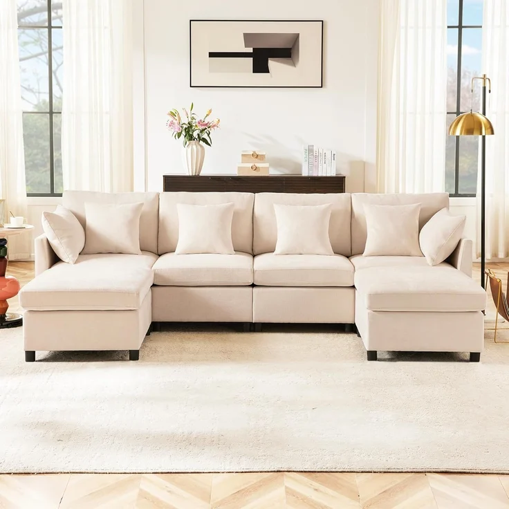 Ball & Cast U-förmiges Eckcouch mit Schlaffunktion, 4-Sitzer Sofa mit 2 Fußhocker für das Wohnzimmer Wohnung Villa, 278 x 81 x 161 (BxHxT), Beige – Bild 3