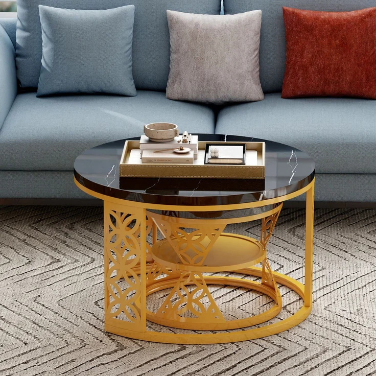 2er-Set runder Couchtisch aus Marmor-Furnier mit Metallrahmen & Kontrastdesign, 70x70x45 cm + 45x45x37 cm – Bild 5