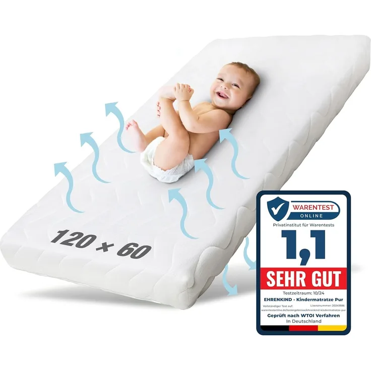 Kindermatratze Pur, Babymatratze für Babybett, Baby Matratze, Ehrenkind, 8 cm hoch, (gratis Versand, Härtegrad (Weich - Mittelweich), Standard 100 by OEKO-TEX, Babymatratze 60x120 cm