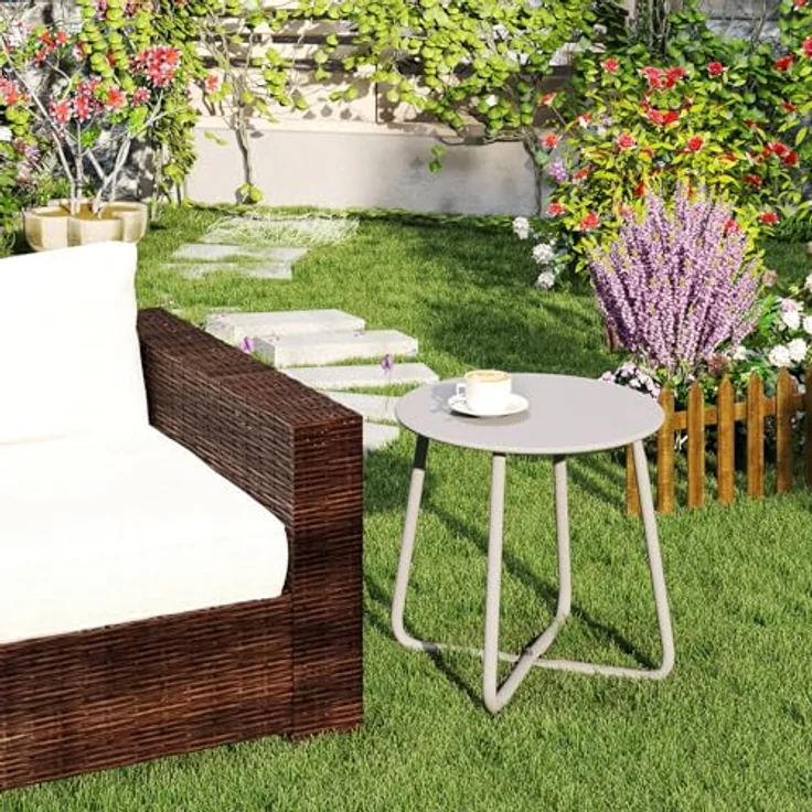 HollyHOME Beistelltisch Outdoor Gartentisch Balkontisch, Runder Patio Beistelltisch Kaffeetische Nachttisch Metalltisch Garten Terrasse, Grau – Bild 4