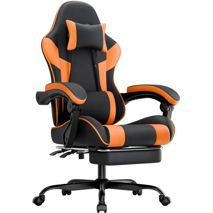 Gaming-Stuhl, PVC-Leder, ergonomisch, mit verstellbarer Rückenlehne & Fußstütze, 58,5x63x120,5 cm, Schwarz+Orange – Bild 3