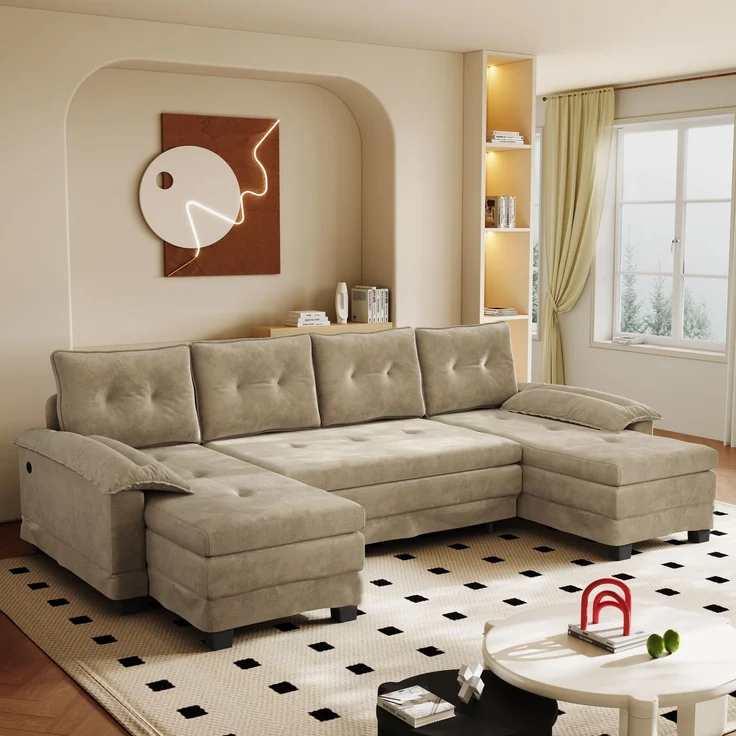 ZUBALIYA Schlafsofa 127x87 cm, mit USB - Anschluss, mit Ausziehbett, mit Chenille - Bezug, mit Samtbezug, modular aufgebaut, Weiß – Bild 11