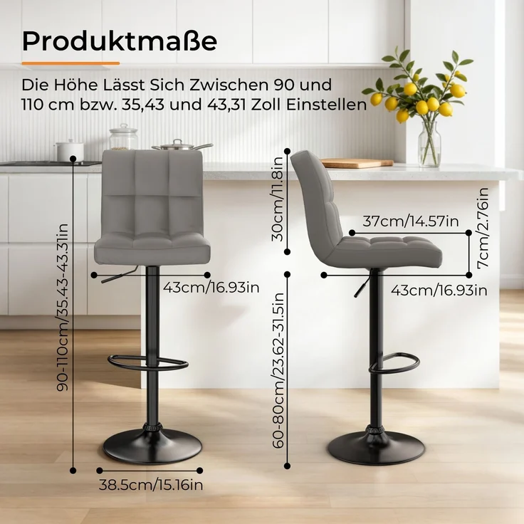Botifly 2er Set Barhocker Grau Kunstleder, Höhenverstellbar 60-80cm, 360° Drehbare Barstühle mit Fußstütze, SGS-zertifizierte Gasdruckfeder, für Küche, Bar & Theke – Bild 4