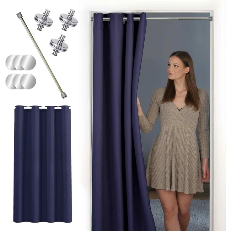 tinycurtains Türvorhang mit Stange silber 70-120 cm Thermo Vorhang ohne Bohren, blickdicht, Ösen, abdunkelnd, Polyester, dunkelblau Ocean, Türgardine mit Klemmstange Raumtrenner verdunkelnd