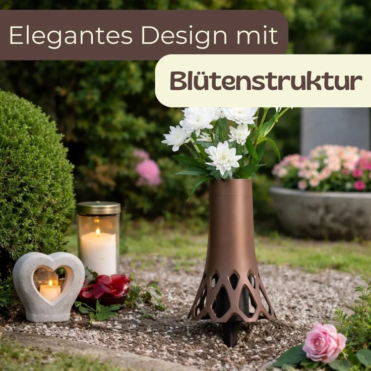 Grabvase Erdspieß Grab Vase Friedhof Wetterfest Grabschmuck Vase für Grab zum Stecken Grabdekoration Grabvase Kunststoff Frostsicher Friedhof Steckvase Bronze 1,3 L – Bild 5