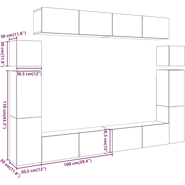 vidaXL 8-tlg. TV-Schrank-Set Wandmontage Altholz-Optik Holzwerkstoff 3329011 – Bild 10