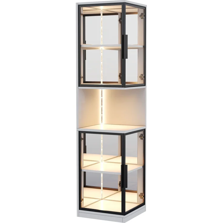 ZUBALIYA 205cm hoher LED-Vitrinenschrank mit doppelten Glastüren und verspiegelter Rückwand, mit farbwechselnder Beleuchtung und Kippschutzvorrichtung–elegant, vollständig transparent–Weinschrank, Bücherregal, Weiß – Bild 12