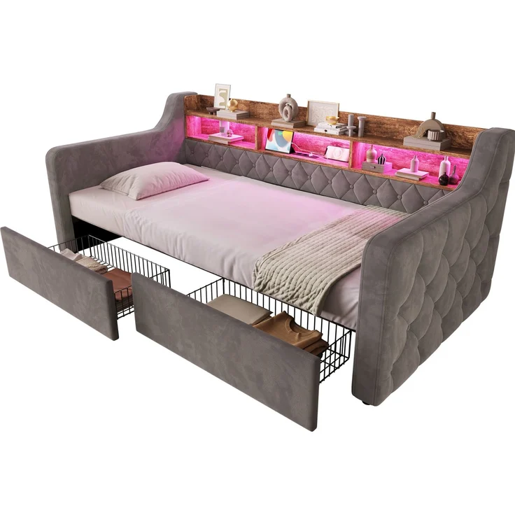 Polsterbett 90x190 cm in Dunkelgrau mit LED, Ablage und 2 Schubladen – Ohne Matratze – Bild 3