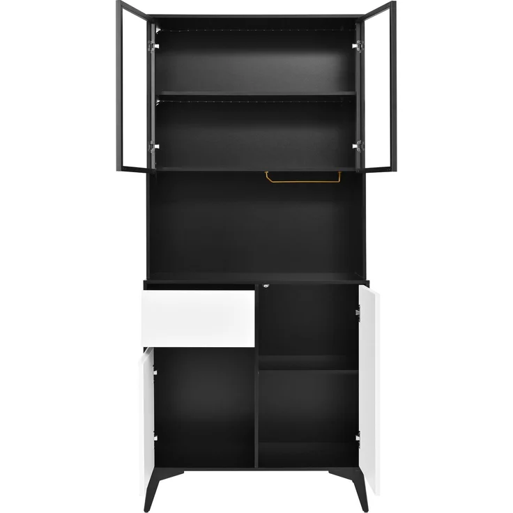 Hochschrank, Vitrine, Anrichte, Sideboard, Esszimmerschrank, Wohnzimmerschrank, Schwarz-Weiß Optik, MDF-Korpus, Glaselemente, integrierte LED-Leuchten, vielfältiger Stauraum--Schwarz, Weiß--80x40x180cm--YOUDENOVA – Bild 9