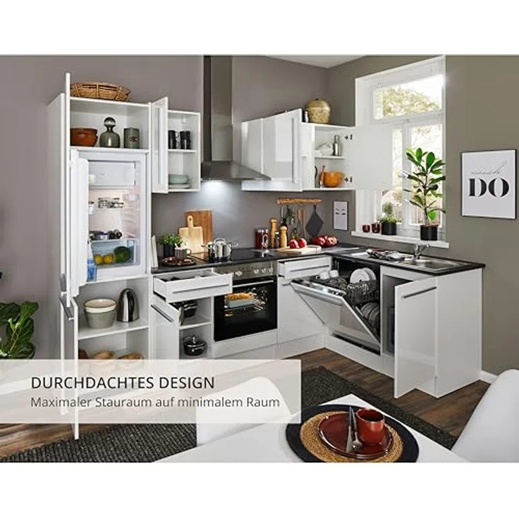 Jazz 8 Moderne Eckküche ohne Elektrogeräte in Weiß Hochglanz, Metallic Grau - Geräumige Küchenzeile in L-Form mit viel Stauraum - 280 x 211 x 60 cm (B/H/T) – Bild 8