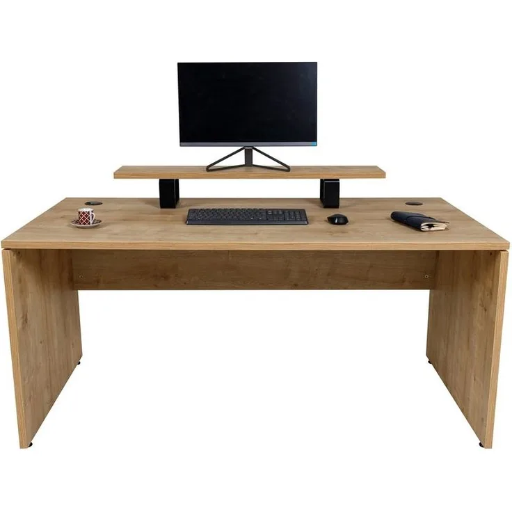 furni24 Schreibtisch fürs Arbeitszimmer und Home Office - Großer laminierter Computertisch aus Holz, 2 Kabeldurchlässe, Bodengleiter (Saphir-Eiche, inkl. Monitorständer, 180 x 80 x 75 cm)