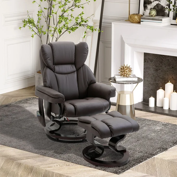 Wohnora-Relaxsessel mit Hocker, 360°drehbarer Fernsehsessel mit Massage, Liegefunktion, Massagesessel mit Seitentasche, Liegesessel, Kunstleder für Wohnzimmer Braun,H 1010cm x T 790cm x B 820cm