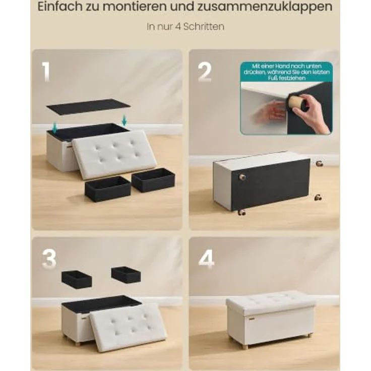 SONGMICS Sitzbank mit Stauraum, Hocker faltbar, 38 x 76 x 38,5 cm, Aufbewahrungsbox mit Deckel, Fußhocker 77 L, Samt, bis 300 kg belastbar, Flur Wohnzimmer Schlafzimmer, cappuccinobeige LSF0517W02 – Bild 7