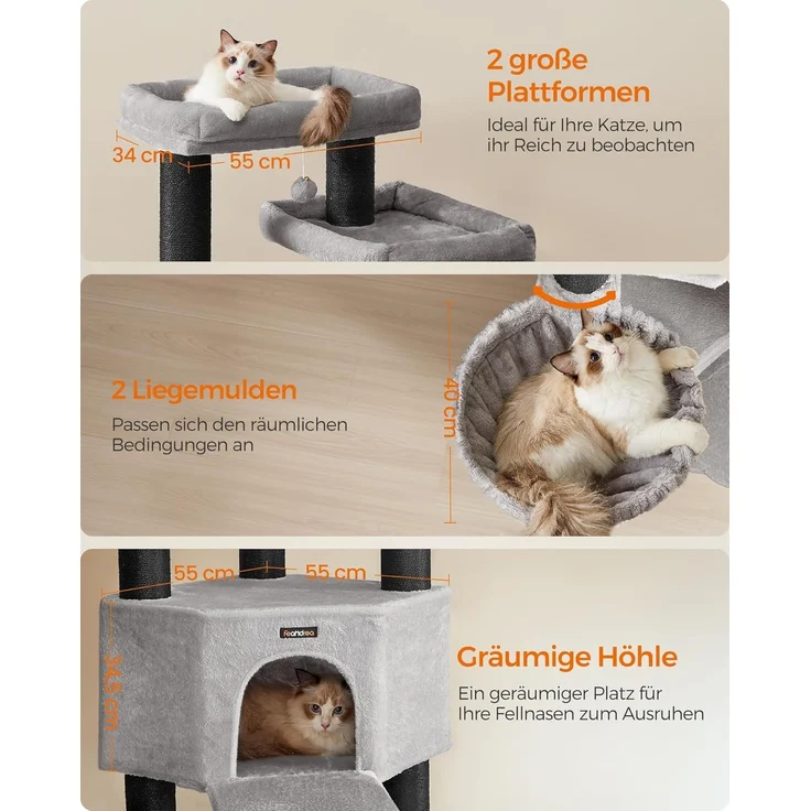 Feandrea Kratzbaum groß, mehrstöckiger Katzenbaum, XXL, 55 x 55 x 186,7 cm, 11 cm d Dicke Sisalstämme, für große Katzen wie Maine-Coon-Katze, Katzenkratzbaum, Taubengrau-tintenschwarz – Bild 5