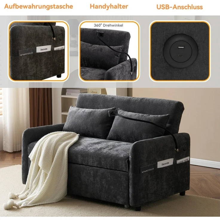 Merax Schlafsofa mit 3-in-1 Bettfunktion, Loungesessel mit USB und Handyhalter, Schlaffunktion und viel Stauraum – Bild 2