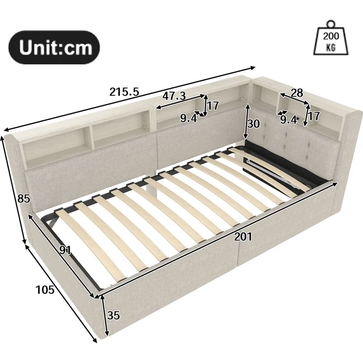 ZUBALIYA Schlafsofa / Tagesbett, mit hydraulische Aufbewahrungsfunktion und mehrfarbiger LED-Streifenbeleuchtung, 90 x 200 cm, Leinen, Beige, fürs Schlafzimmer, mit Stauraum, mit LED, Samt – Bild 10