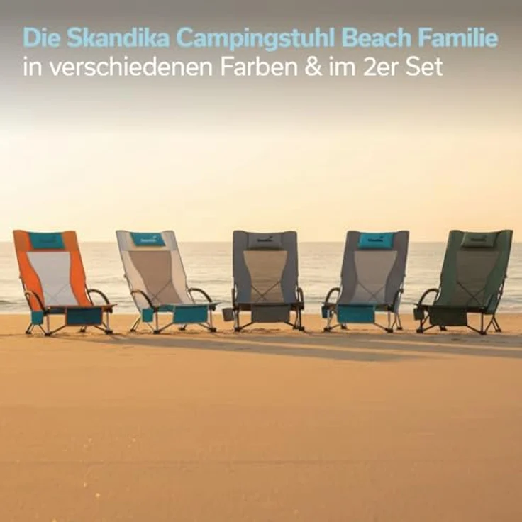 Skandika Strand Klappstuhl Beach | Bequemer Strandstuhl mit atmungsaktivem Mesh, Getränkehalter, niedrig, leicht zu transportieren, max. 136 kg | Faltbarer Campingstuhl, Liegestuhl (beige/türkis) – Bild 9