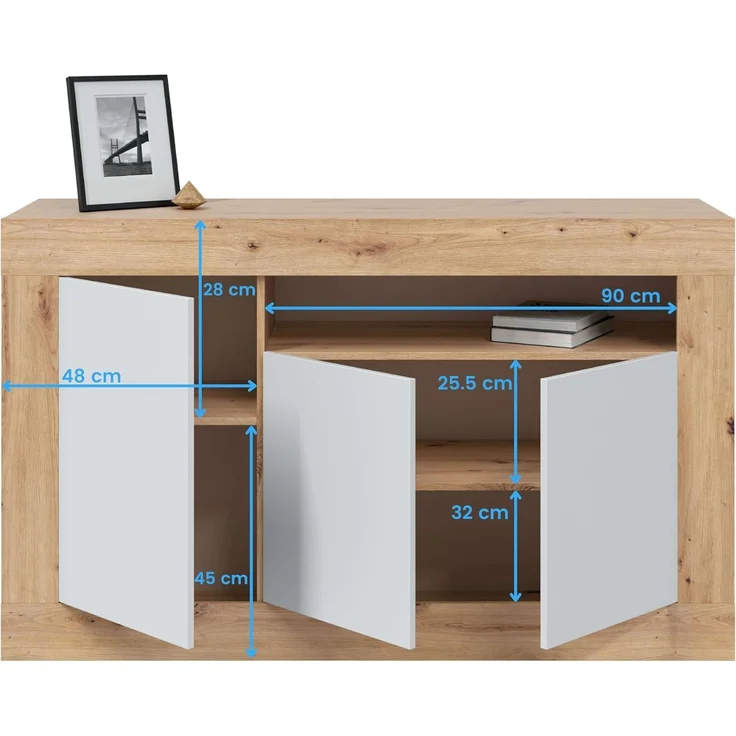 Habitdesign Anrichte mit 3 Türen, Buffet für Wohnzimmer, Beistellschrank, Modell Baltik, Weiß Artik und Nodi-Eiche, Maße: 144 cm (B) x 87 cm (H) x 42 cm (T) – Bild 9