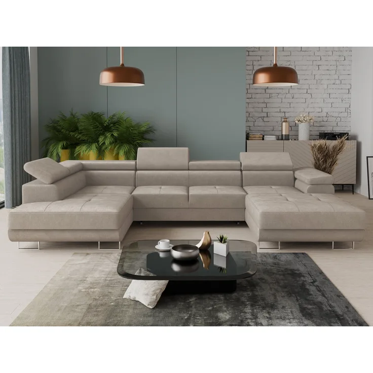 Wohnlandschaft Caris U mit Schlaffunktion, einstellbare Kopfstützen und zwei Bettkästen (Beige (Paros 02), Ecksofa Rechts)