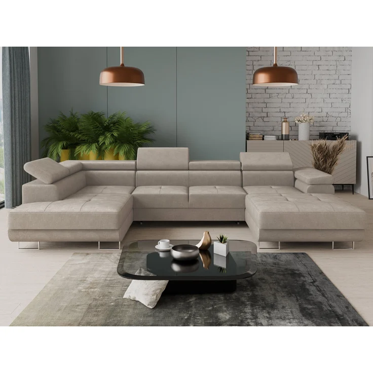 Wohnlandschaft Caris U mit Schlaffunktion, einstellbare Kopfstützen und zwei Bettkästen (Beige (Paros 02), Ecksofa Rechts) – Bild 1