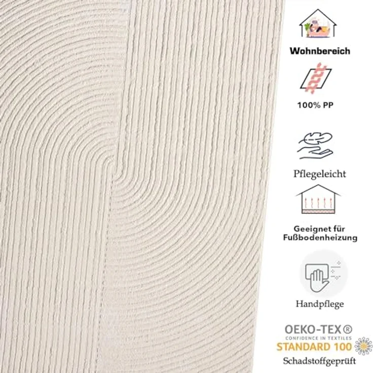 Vimoda Teppich Teppich Wohnzimmer Boho Design dünn kurzflur teppich, Rechteckig, Höhe: 6 mm, Hoch Tief Effekt 3D Teppich, in Creme, Grau &Taupe Läufer Schlafzimmer – Bild 8