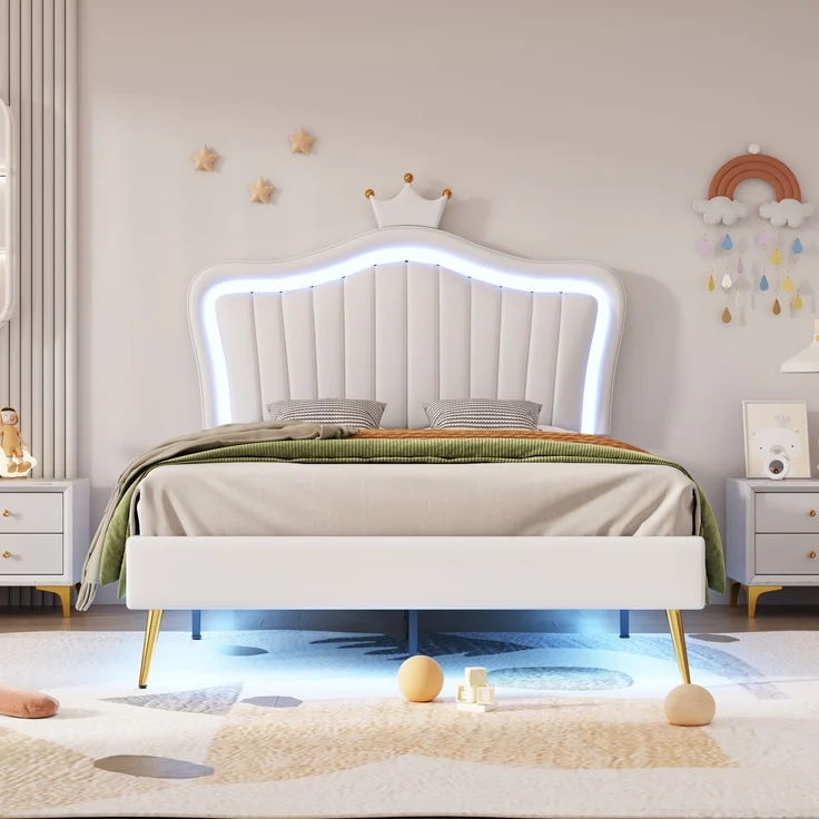Kinderbett mit Muschel-Kopfteil und Krone, LED-Licht mit Farbwechsel, höhenverstellbarem Kopfteil, stabiler Holzlattenbasis – Bild 6