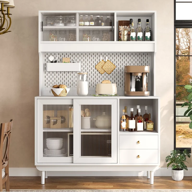 DESVIAE Sideboard Weiß aus MDF/Spanplatte – 117x170x30 cm – Riffelglas-Schiebetüren – Bild 1