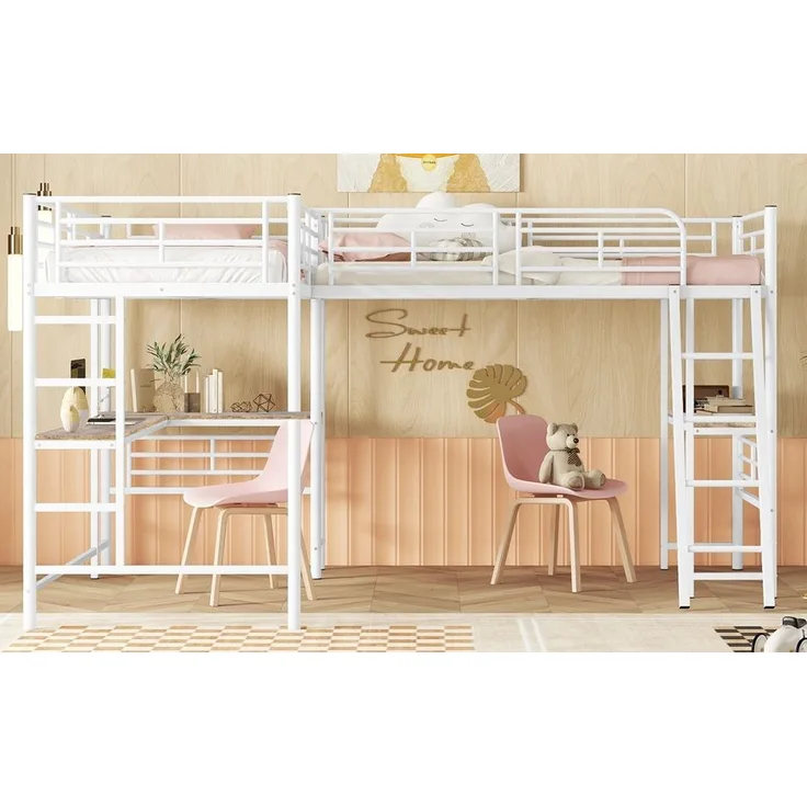 Bett 90x200 cm Hochbett mit Tisch und hohem Geländer, Metallrahmen, platzsparendes Zwei-Ebenen-Design