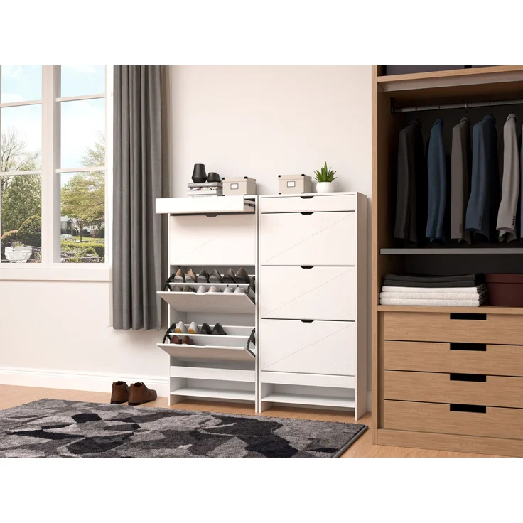 ZUBALIYA Schuhschrank (63 x 26 x 136,5 cm), 3 Schubladen, Aus MDF, Aufbewahrung für Schuhe, Hausschuhe und Schuhzubehör, Weiß – Bild 9
