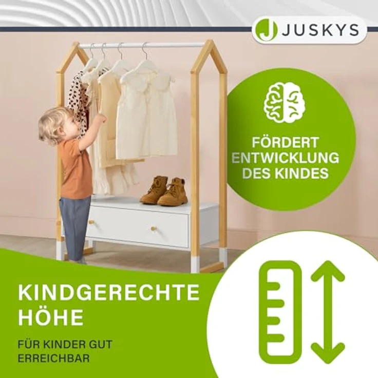Juskys Kinder Kleiderständer Filla - große Schublade, Kleiderstange, offener Ständer - Kindergarderobe aus Holz - Mädchen & Jungs - Garderobe Weiß – Bild 6