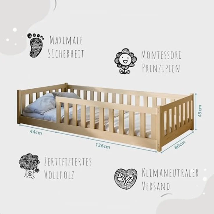 Kids Collective Kinderbett Bodenbett Bett mit Rausfallschutz & Lattenrost Montessori Bett Kinder (weitere Größen 80x160, 90x200, 120x200, 140x200 cm), Jugendbett Einzelbett mit Matratze, natur Kiefer 80 x 180 cm – Bild 2