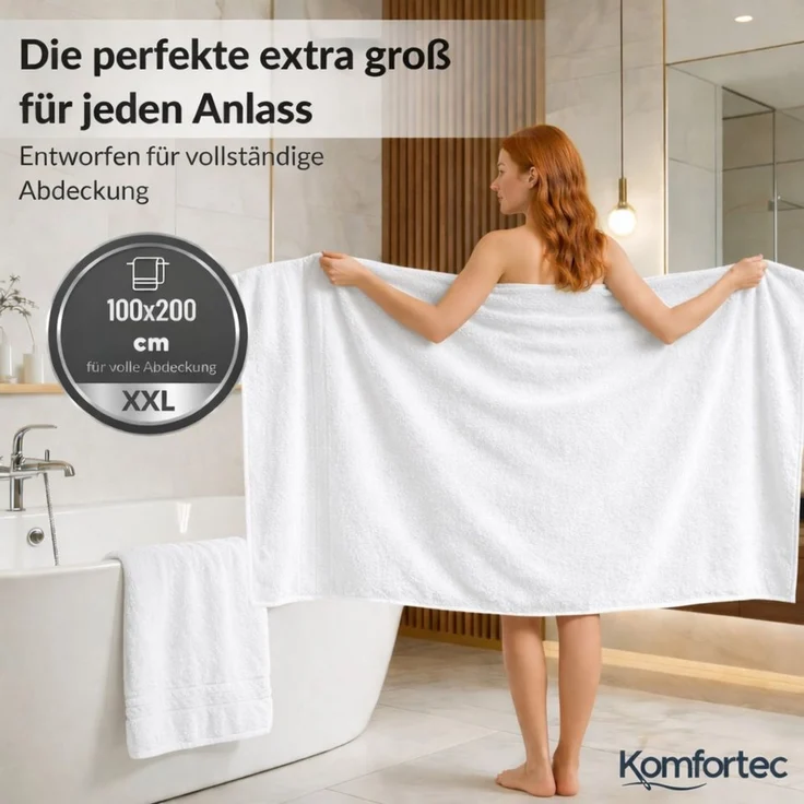 Komfortec Badetuch 100x200 cm aus 100% Baumwolle, Saunatuch XXL, Weich, Groß, Frottee, Schnelltrocknend, Weiß