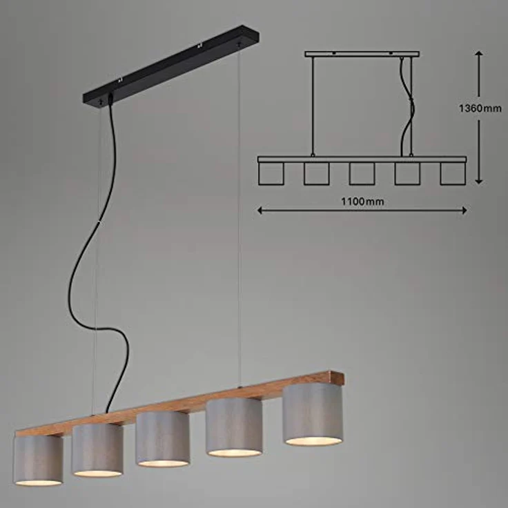 Briloner Pendelleuchte Hängelampe RHON, 5-flammig, grau, Metall-Holz-Stoff, 25 W, IP20, 110 x 15 x 136 cm – Bild 8