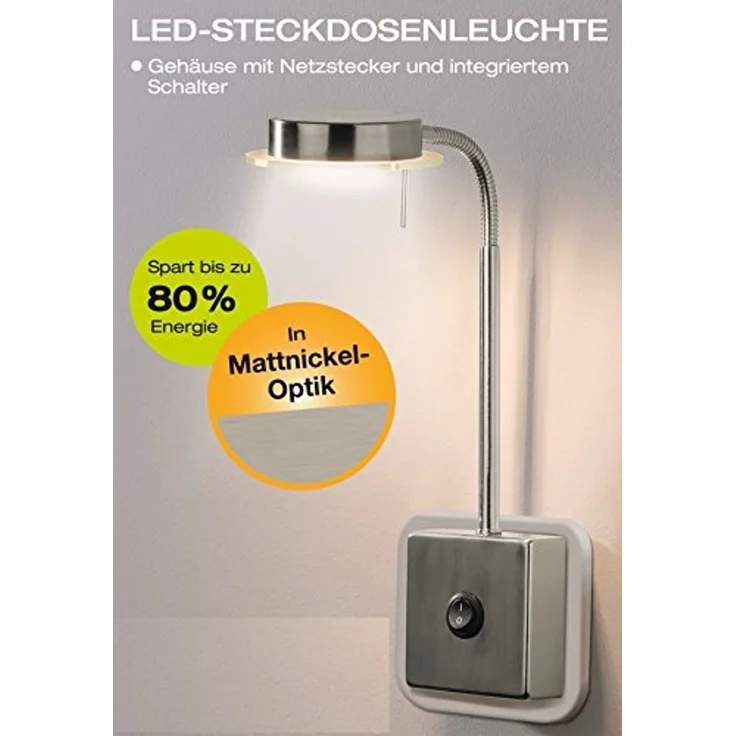 TRANGO LED Steckdosenleuchte, 2605 LED Steckerleuchte, Wandleuchte, Leselampe, Küchenlampe, Nachtlicht in Nickel matt inkl. 5 Watt LED Modul warmweiß 3000K Leuchtmittel, Wandlampe, Küchenlampe – Bild 5