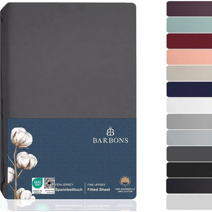 BARBONS Spannbettlaken Jersey Bettlaken, 145 g/m² Spannbetttuch, bis zu 25cm Höhe, Topper, Jersey aus 100% Baumwolle, Gummizug: rundum, (1 Stück), Rundumgummi, Atmungsaktiv