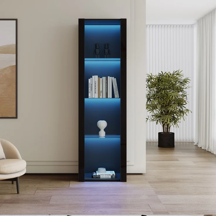 Merax Schwarzer Hochglanz-Vitrinenschrank mit LED-Beleuchtung, 3 Glasfächer, 55*38*166cm, Vitrine, Stehschrank, Hochschrank, Lagerschrank – Bild 2
