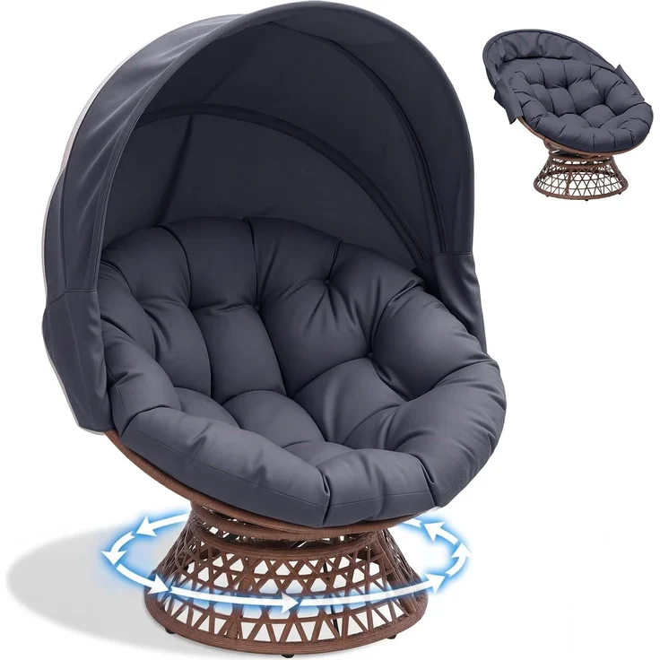 COMHOMA Papasansessel, gemütlicher Drehsessel mit Kissen rund, bequemer Rattansessel, Loungesessel drehbar, runder Relax Korbsessel Rattan für Wohnzimmer, Leseecke, Lounge - grau – Bild 1