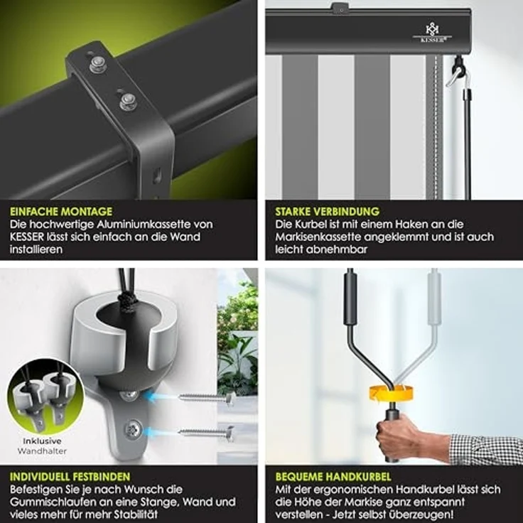 KESSER® Senkrechtmarkise Außenrollo Handkurbelmechanismus Balkonrollo Sonnen & Sichtschutz Beschattung Sonnenschutz Außen Rollo mit Kurbel Markisenkasten Balkon & Terrasse Inkl. Montageset & Abdeckung Grau / Weiß, 180 x 250cm – Bild 3