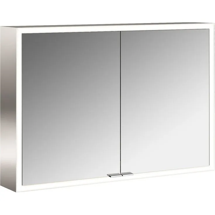 emco LED Lichtspiegelschrank Prime Facelift, 1000x600 mm, 2-türig mit stufenloser LED-Beleuchtung und Glasablagen, IP20, integrierte Steckdosen