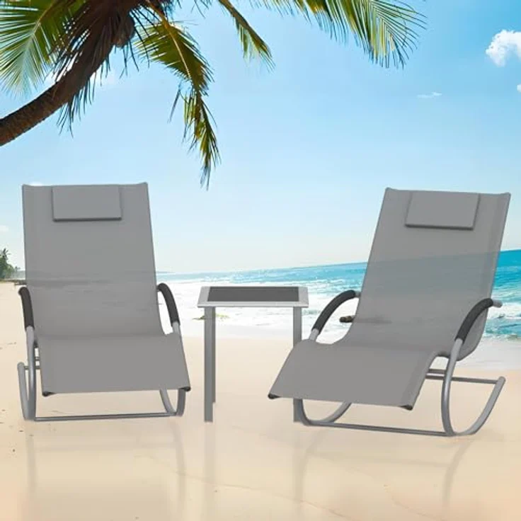 GarveeHome 3-Teiliges Outdoor-Lounge-Set Mit 2 Liegen Und 1 Couchtisch, Textilene-Schaukelstuhl Mit Gebogenem Metallrahmen, Liegestuhl Mit Kissen, Für Poolbereich, Terrasse Und Garten – Bild 2