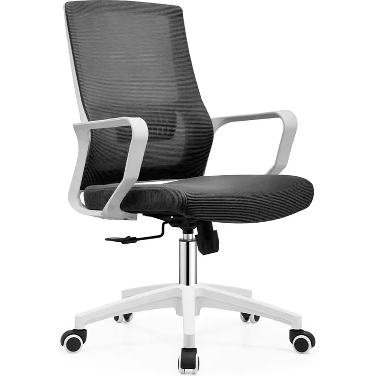 Shally Dogan Ergonomischer Drehstuhl mit Lendenwirbelstütze, Schreibtischstuhl, Arbeitszimmerstuhl, höhenverstellbar, stabile weiße Basis, schweißfeste Rückenlehne (schwarz)