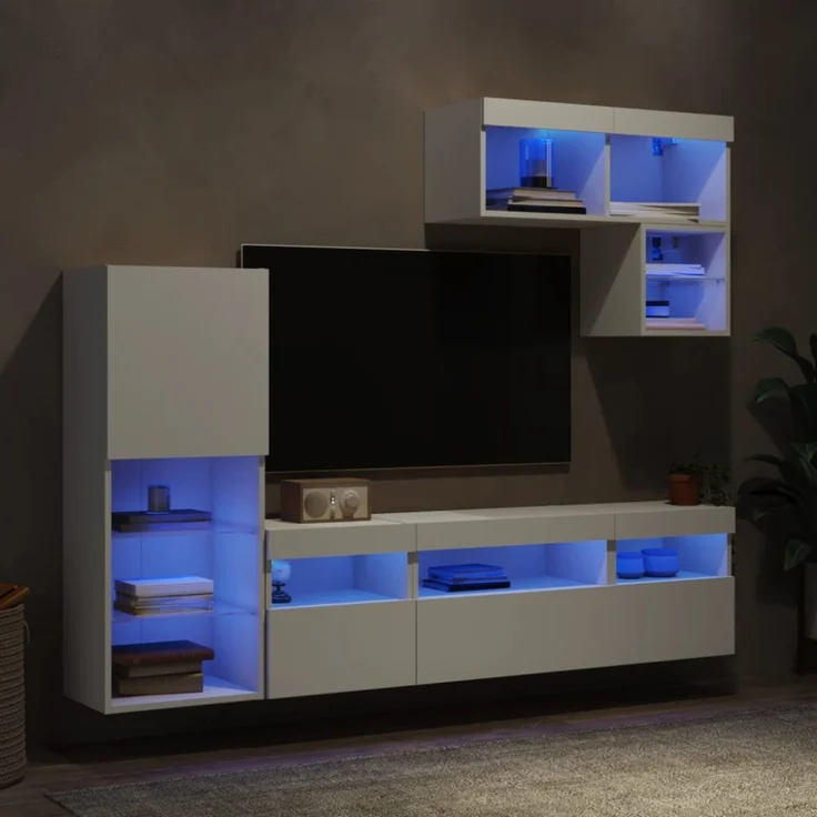 vidaXL 6-tlg. Wohnwand mit LED-Beleuchtung Weiß Holzwerkstoff 3216732 – Bild 7