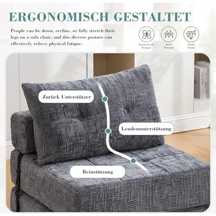 Ball & Cast Bodensofa, Umwandelbarer 2-in-1 Sofa Bett, Chenille Klappsofa mit Rückenlehne für Wohnzimmer und Schlafzimmer, Grau, 1 Sitzplatz – Bild 6