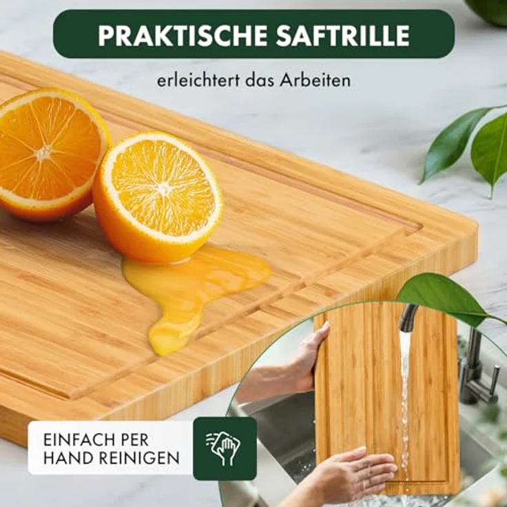 Blumtal Schneidebrett 100% Bambus antiseptisches, 2cm dickes massives Brett, Holz, Bambus, massiv mit praktischer Saftrille – Bild 6