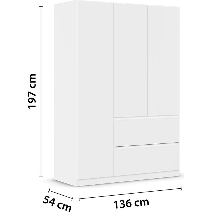 rauch Kleiderschrank, Drehtürenschrank COSTA, 3-türig, 2 Schubkästen, push-to-open, Alpinweiß, 136 x 197 x 54 cm – Bild 4
