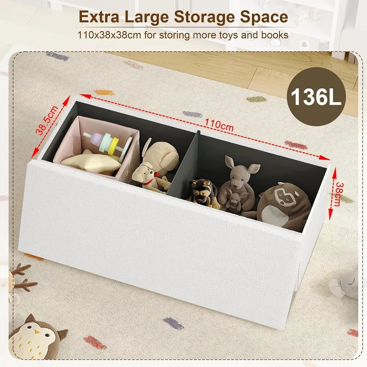 eSituro Sitzbank mit Stauraum, Sitztruhe klappbar, Truhenbank mit Deckel, Polsterbank mit Teddystoff-Bezug, Fußbank für Schlafzimmer, Aufbewahrungsbox, 135 L, 300 kg belastbar, 110 x 38 x 38 cm, Weiß – Bild 3