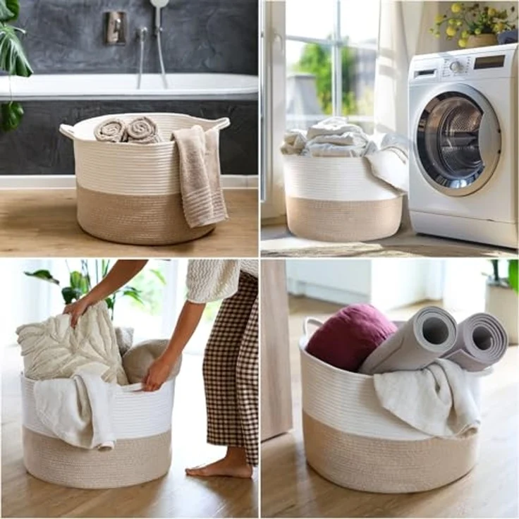 HMF Aufbewahrungskorb XXL Wäschekorb aus Baumwolle, runder Aufbewahrungskorb mit Griffen, 55 x 35 cm, Weiß-Braun – Bild 7