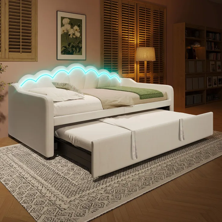 Merax Einzelbett, Kinderbett 90x200cm(180x200cm), Schlafsofa, Tagesbett mit ausziehbarem Bett, Samt, Farbwechselbarer LED-Streifen, Beige