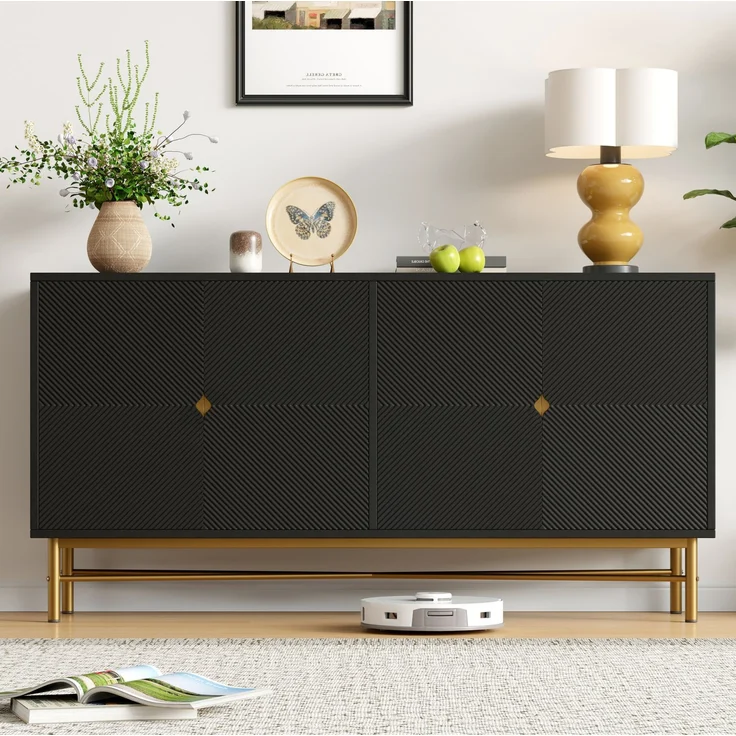 DESVIAE Sideboard mit 4 Türen und Soft-Close 160x82x40 cm aus MDF und Spanplatte Schwarz – Bild 5